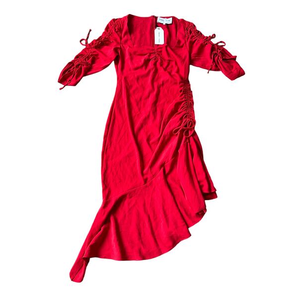 NEW Rodarte x Universal Standard Ruched Tie Sleeve Asymmetric Ruffle Dress Red - Picture 2 of 12